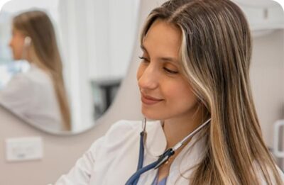 Clinician in a white coat with a stethoscope, smiling as she looks down at her work