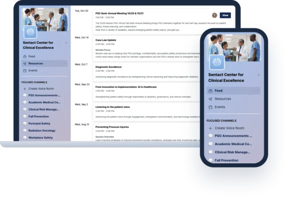 Sentact Center for Clinical Excellence collaboration platform on a laptop and phone